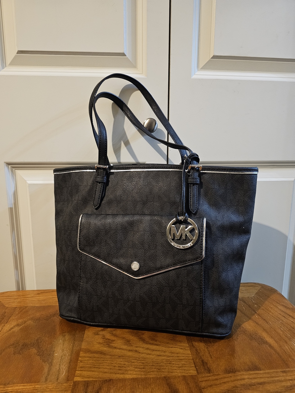 Michael Kors Black Logo Tote with Silver Charm and Trim